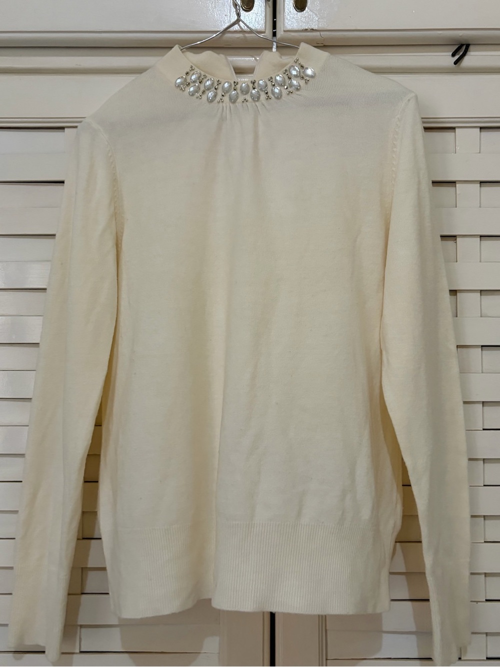 Debbie Morgan Cream Jeweled Mock Neck Sweater